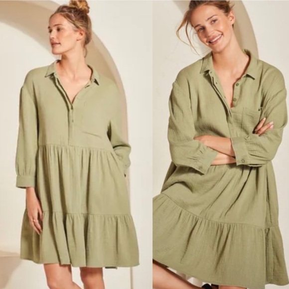 Zara Dresses & Skirts - Zara Khaki Green Tiered Shirt Dress Flowy
